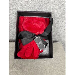 I.N.C. Red Beanie Hat & Gloves Set With Faux Fur Trim Gift Box Set One Size NWTs
